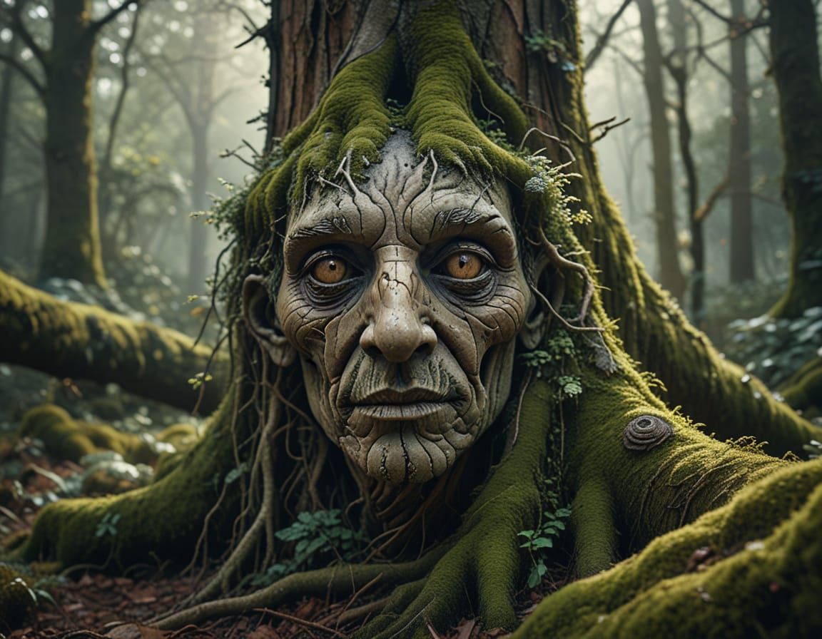 Tree Root Face in Forest: Hyperrealistic Macro Photo