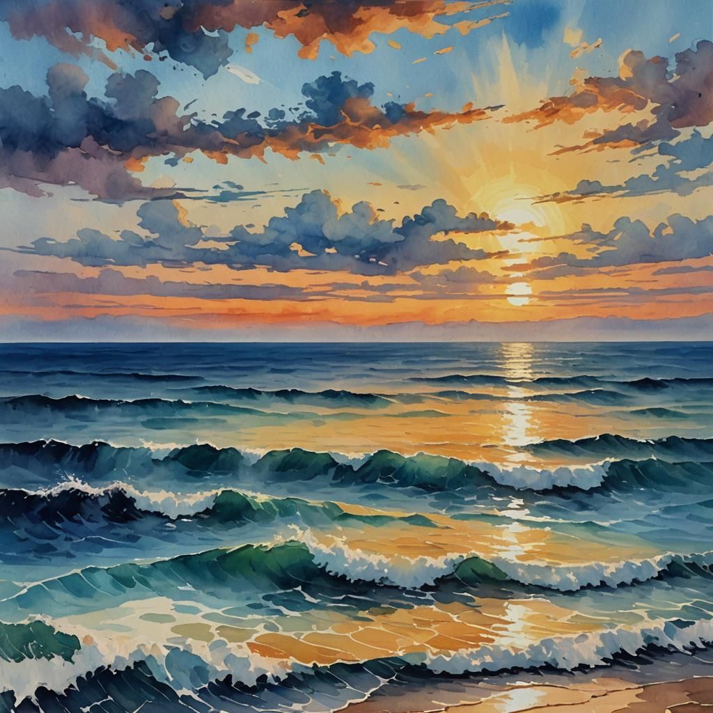 Epic Sunset Ocean in Gouache Masterpiece