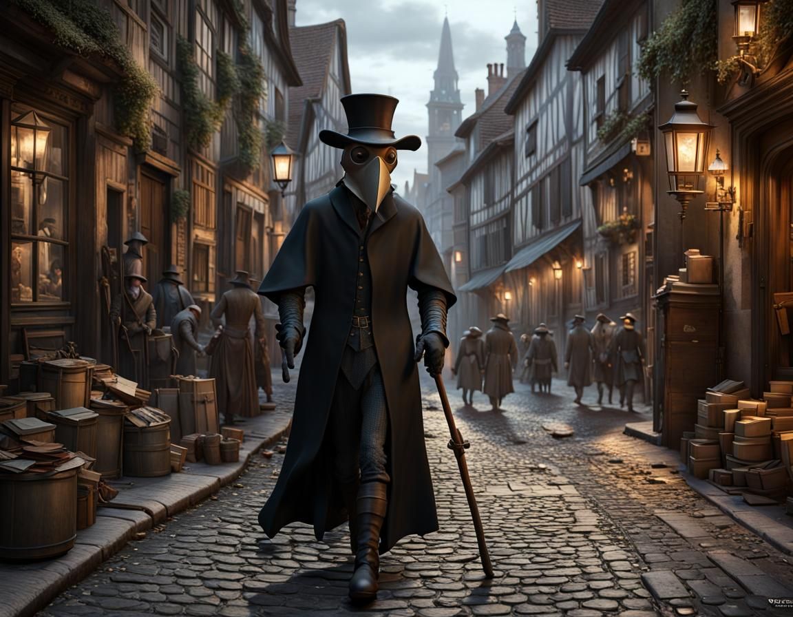 Plague Doctor in 17th Century Street Scene