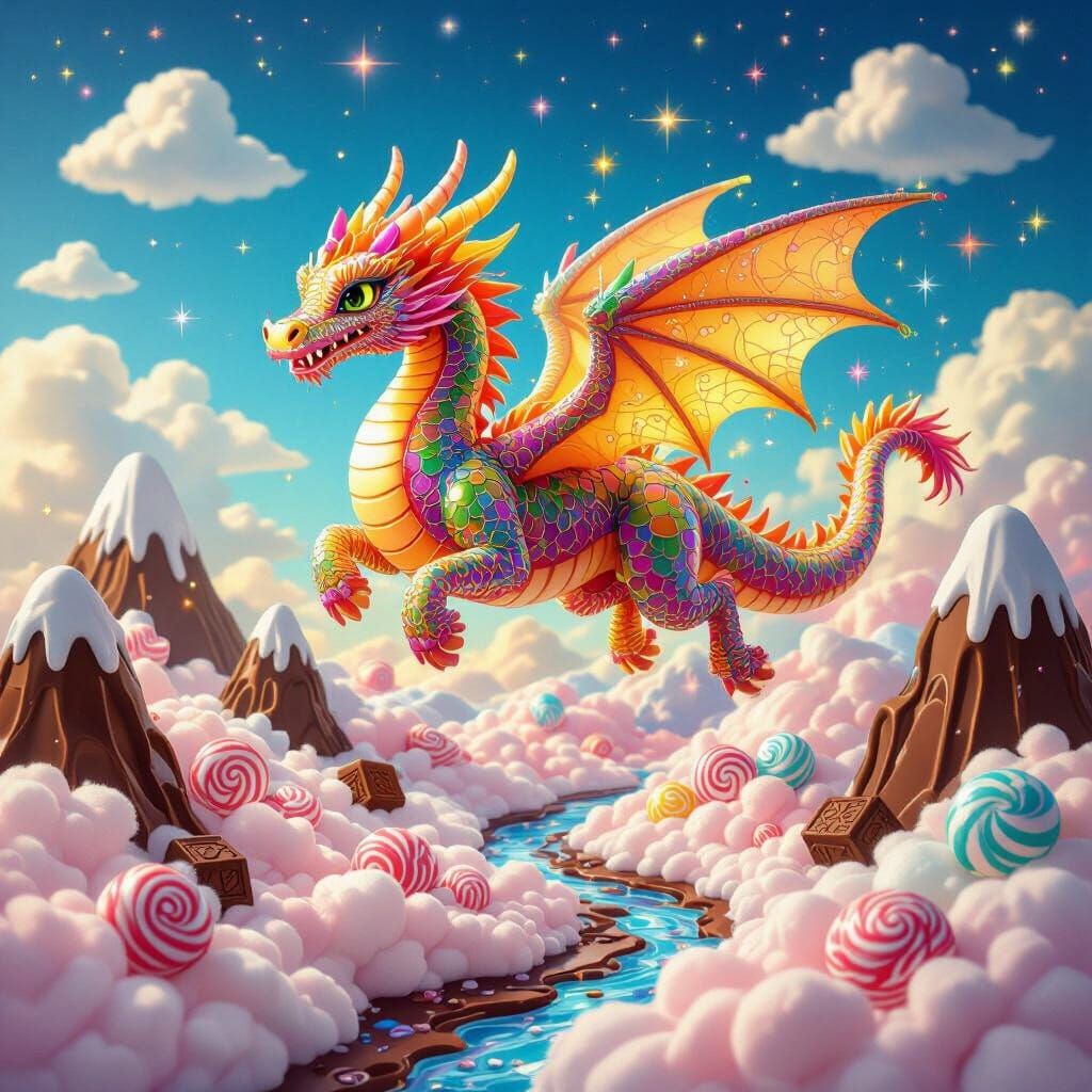 Candy Dragon Soaring Through Cloudscape in Whimsical Style