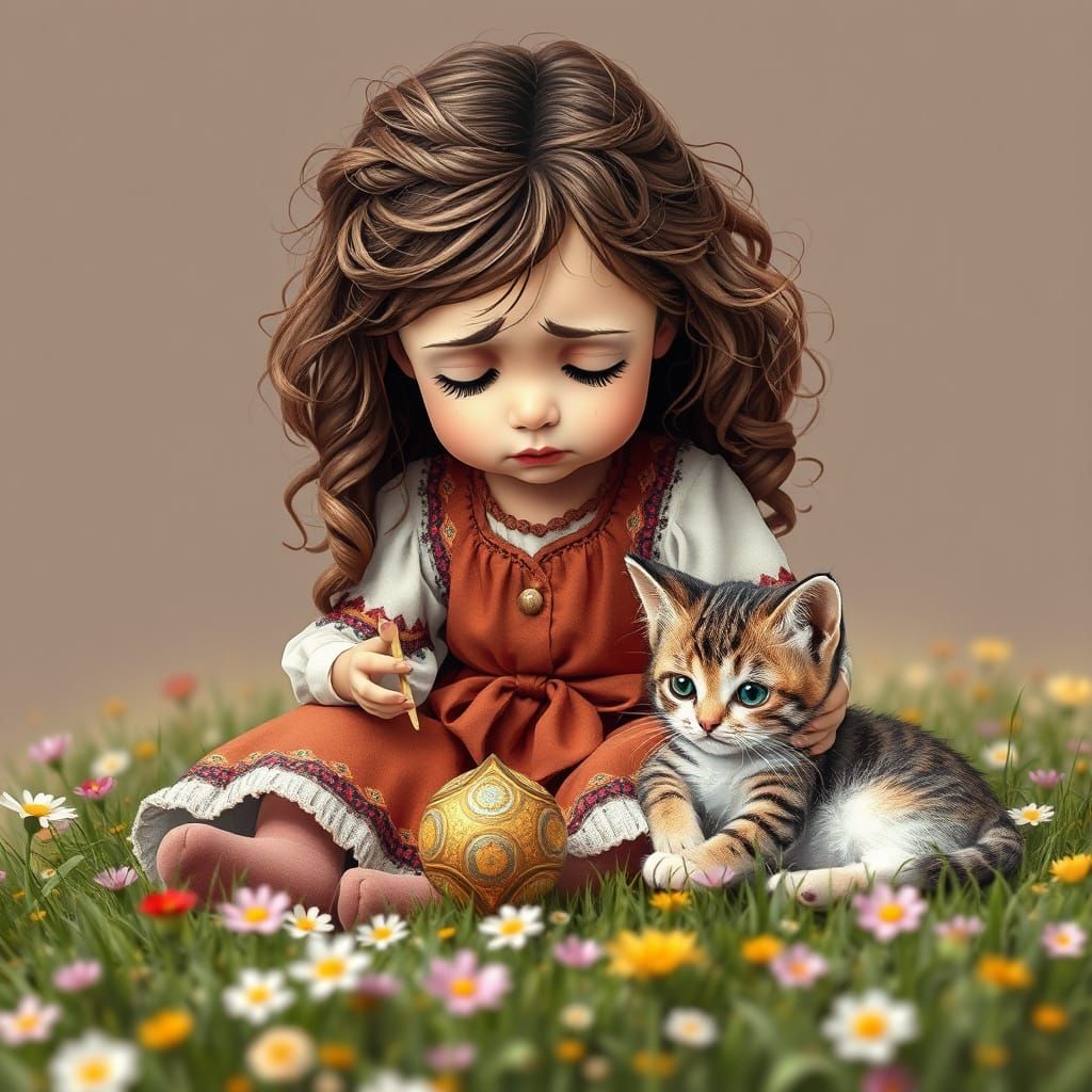 Sad Girl with Broken Toy in Pointillism