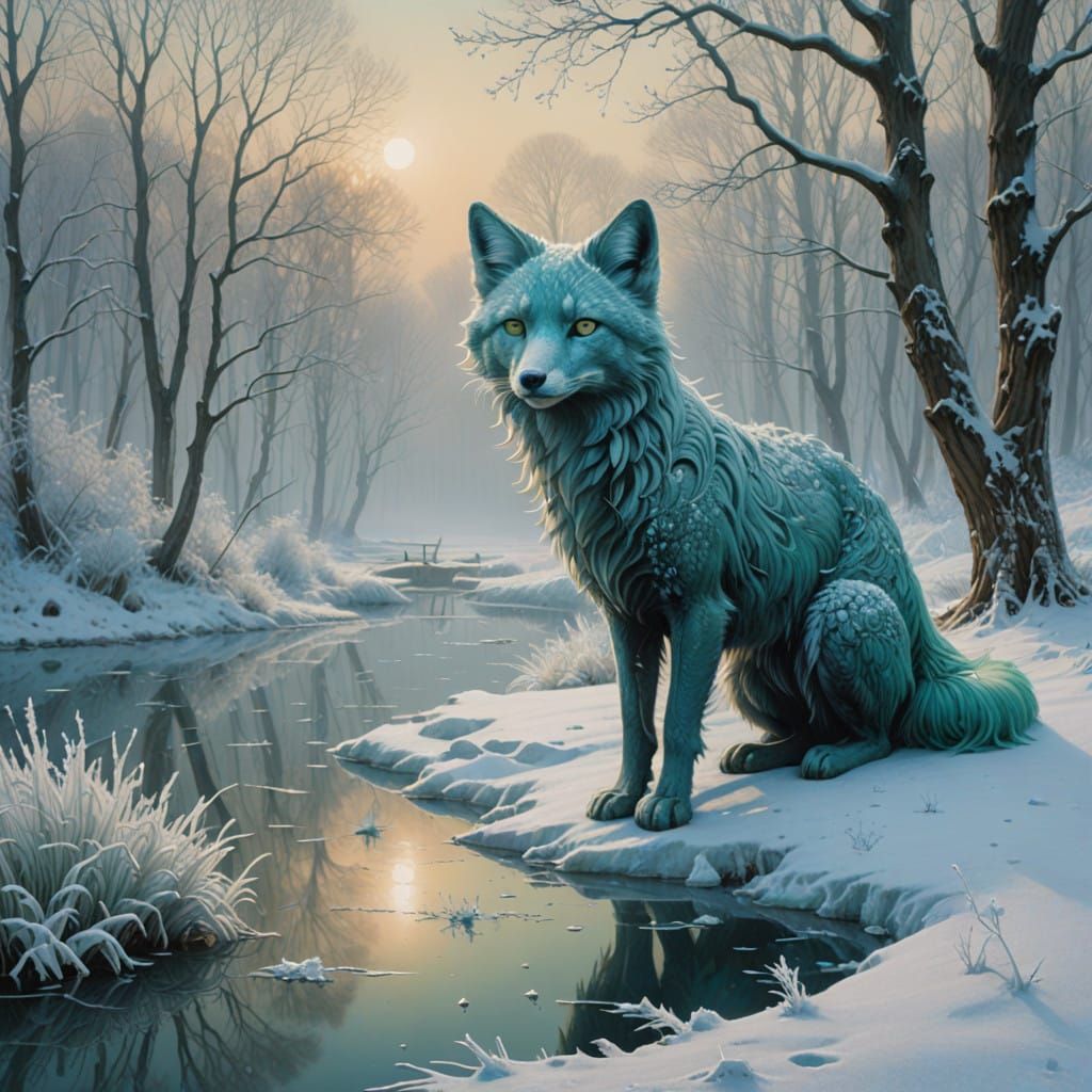 Turquoise Crystal Snow Fox Kit Plays in Swirling Snowflakes...