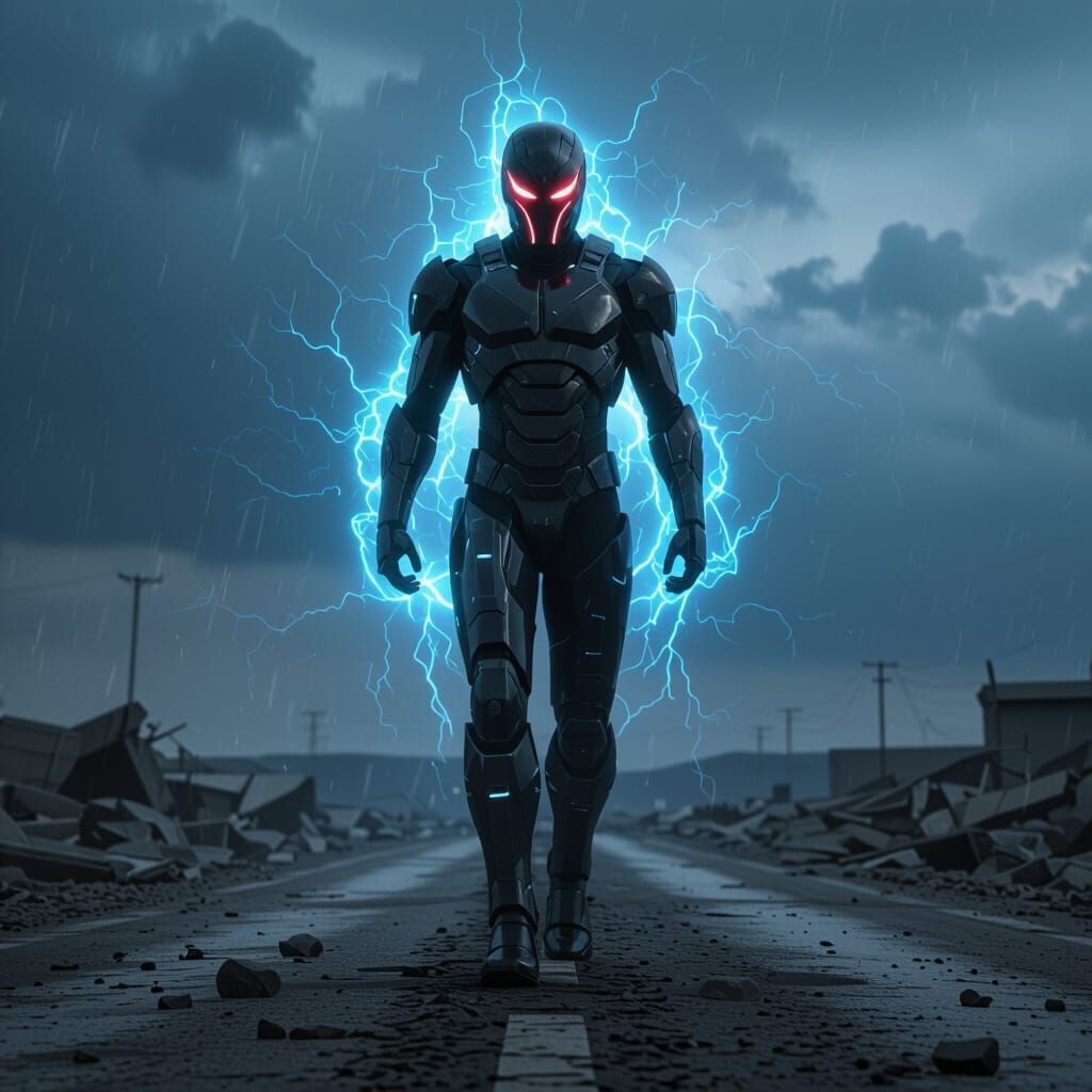 Menacing Black Armor with Electric Blue Aura