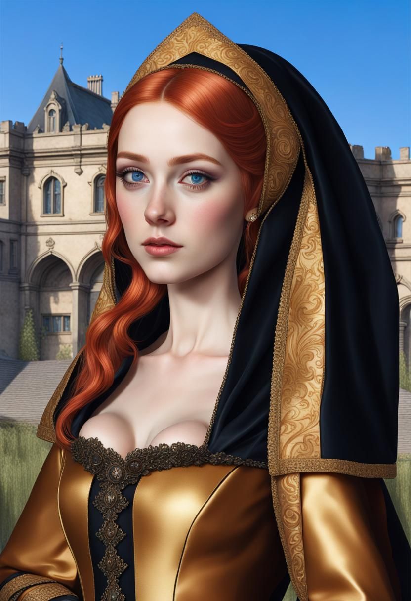 Tudor Woman in Brocade Gown, Oil Painting