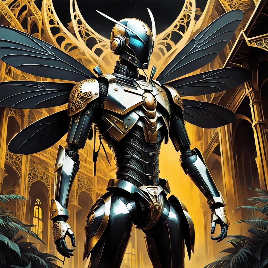 Metallic Dragonfly Soldier in Haunted House, Digital Art