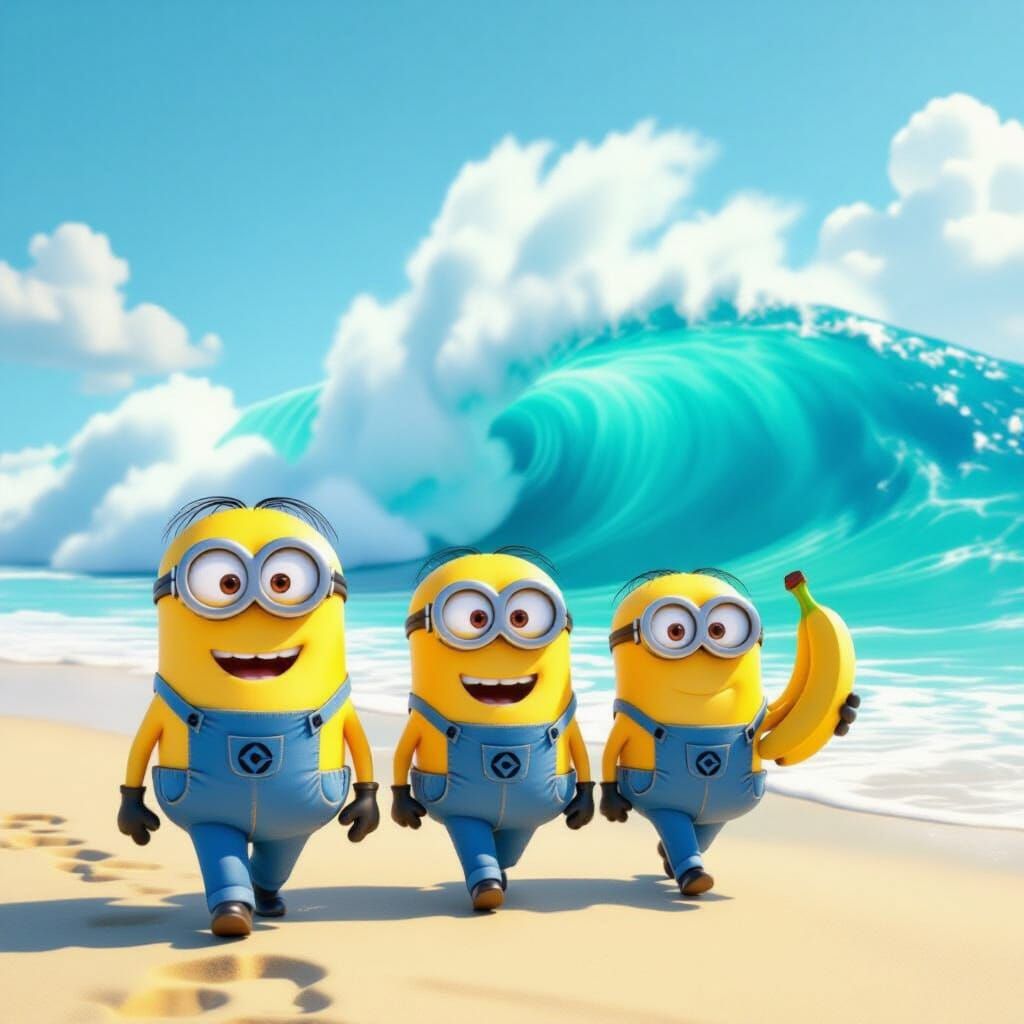 Minions with Bananas on Beach Facing Giant Wave