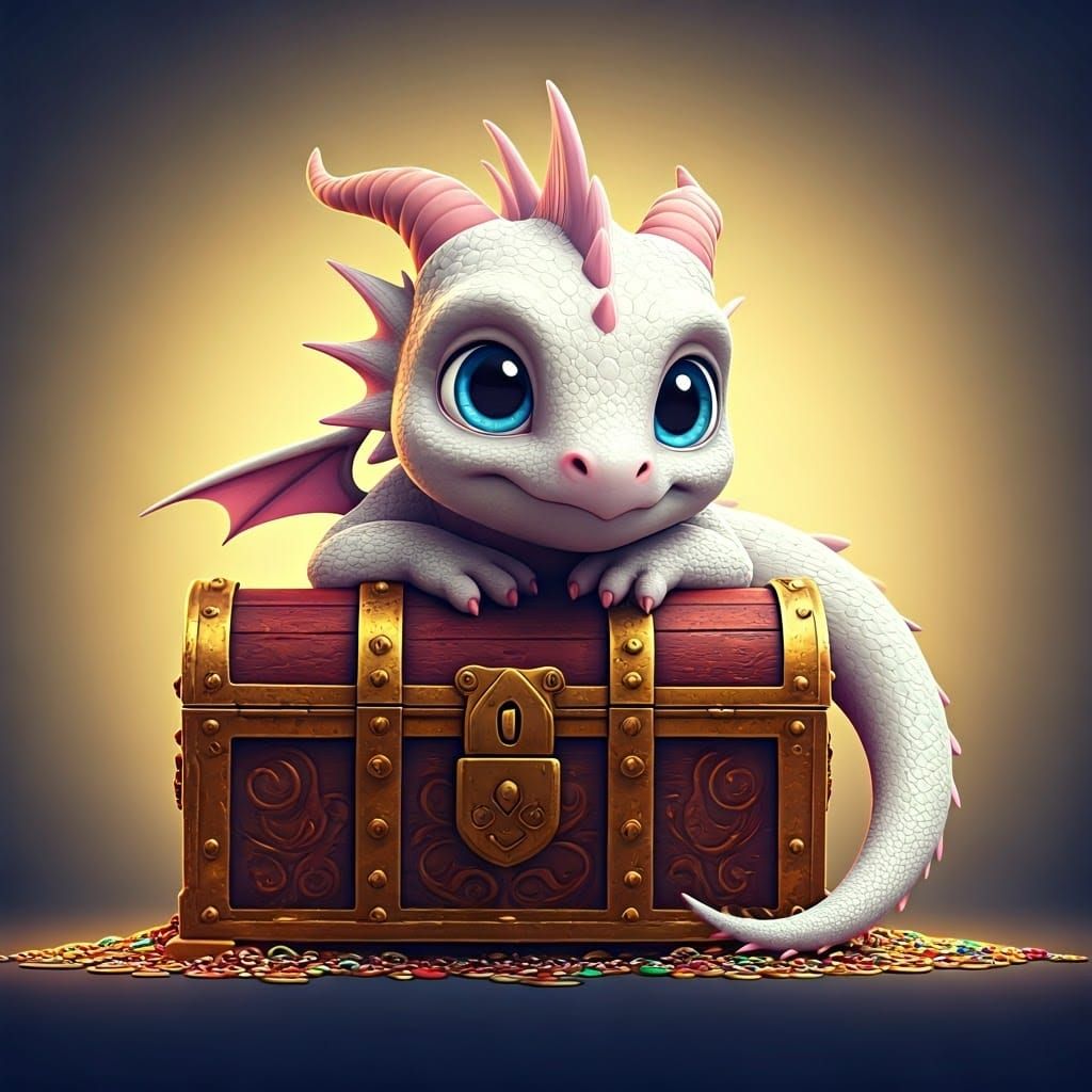 Cute Baby Dragon on Treasure Chest in 3D Style