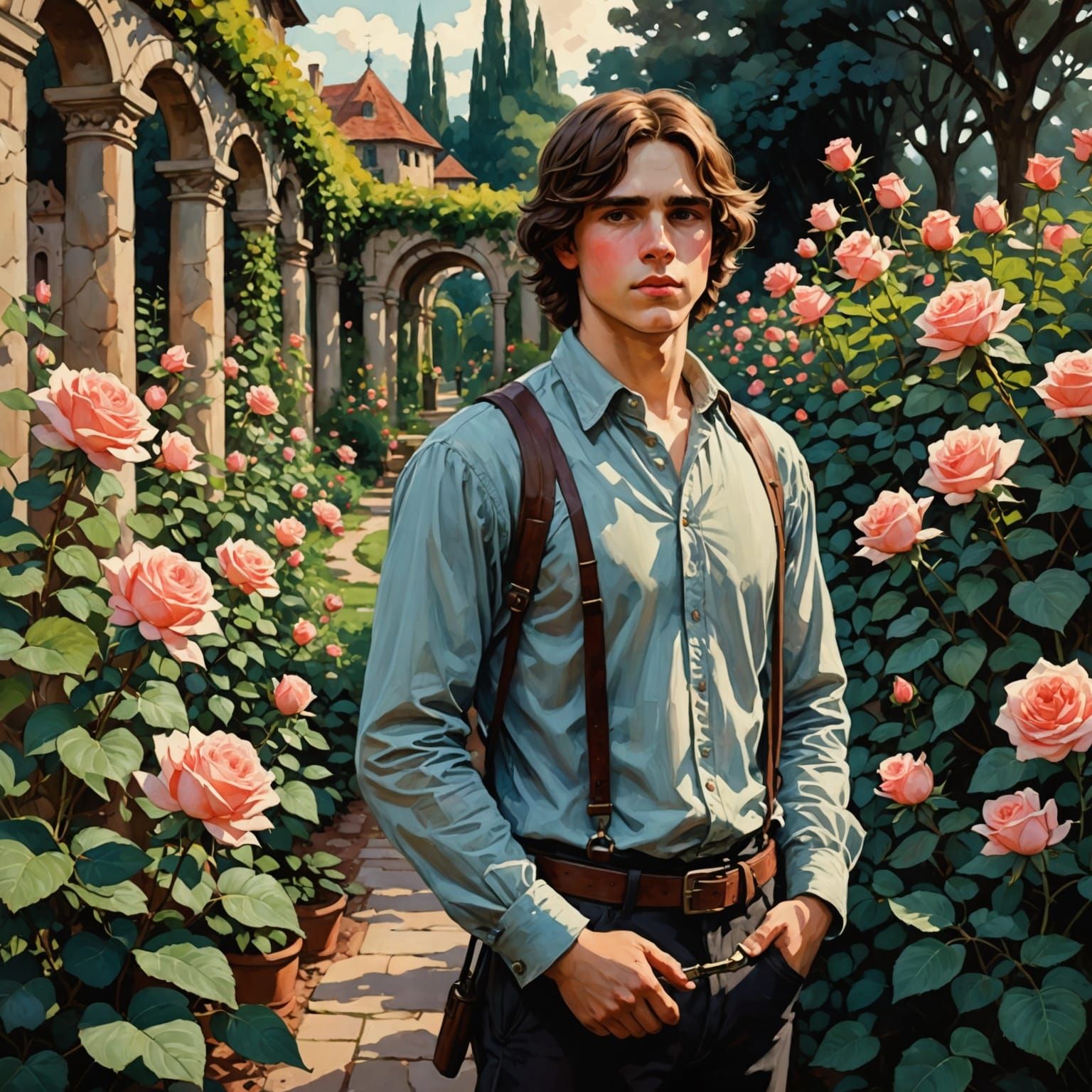 Chiaroscuro Watercolor of Boy in Rose Garden