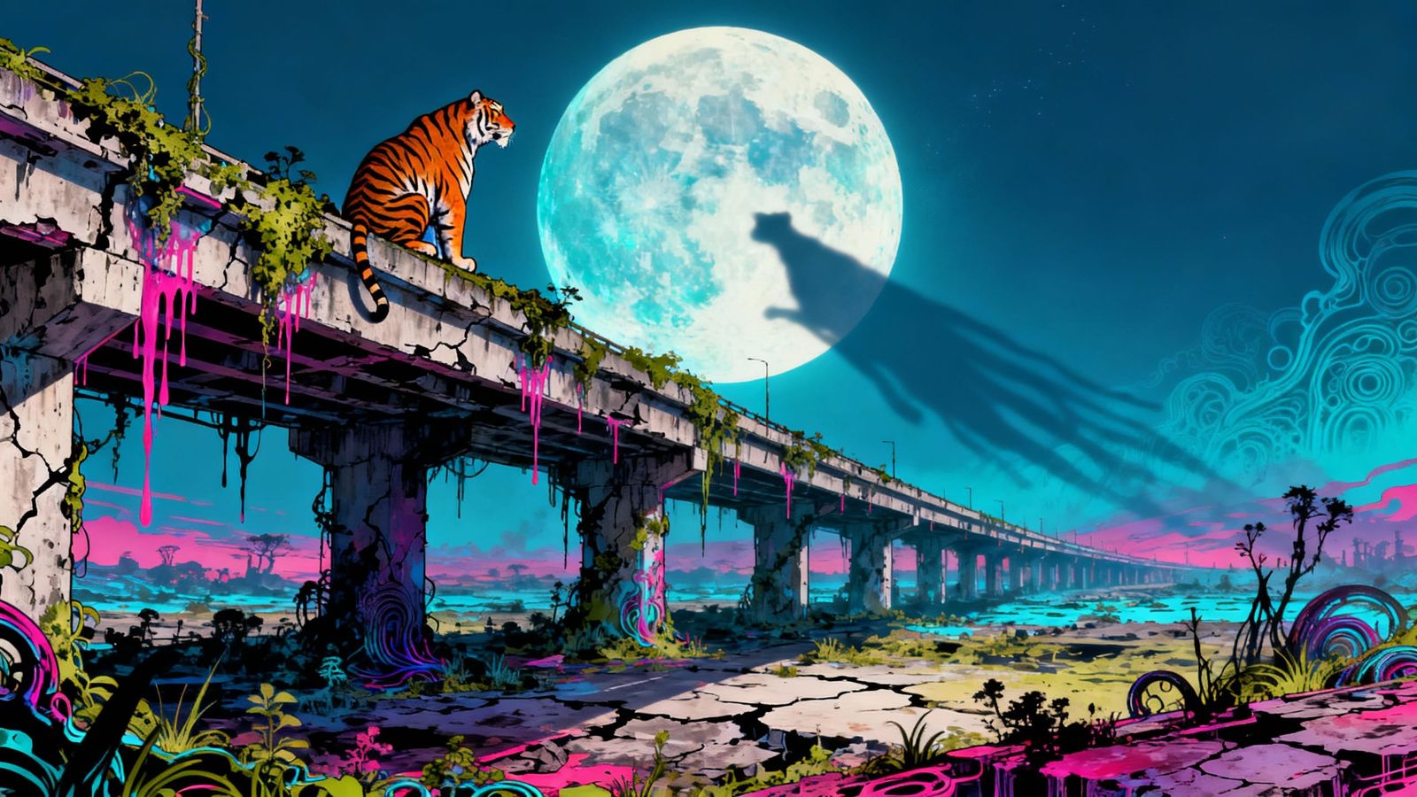 Tiger Gazes at Ethereal Moon Over Post-Apocalyptic Wasteland