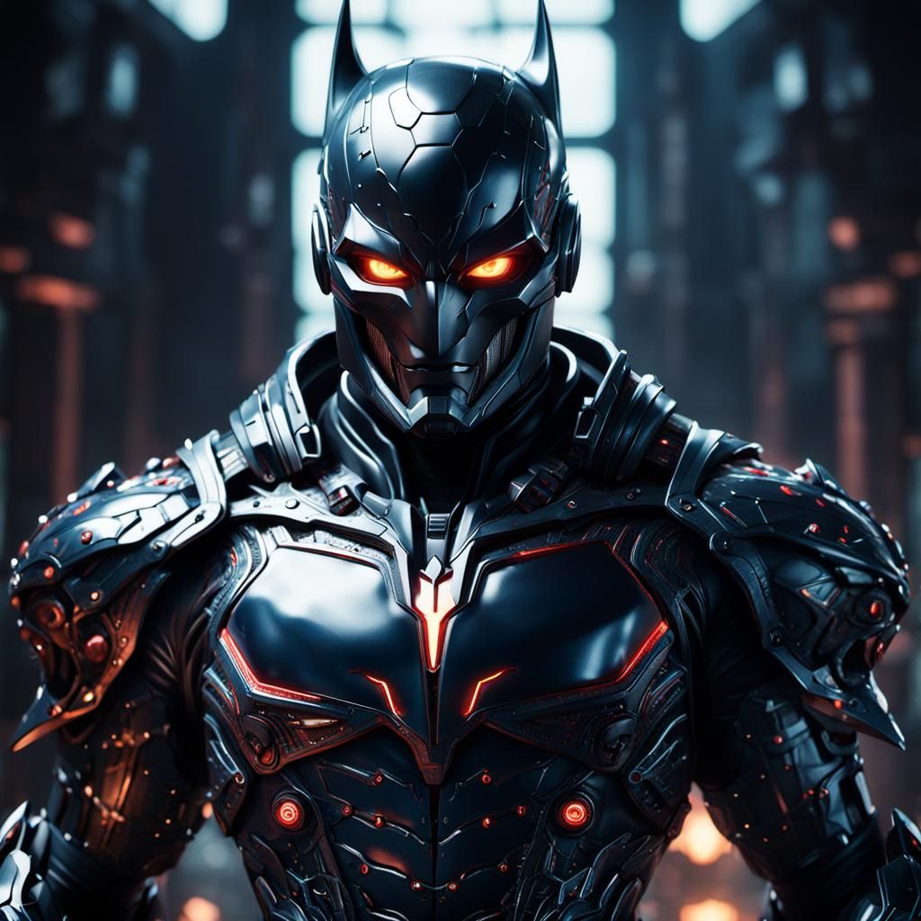 Demonic Porcelain Cybernetic Batsuit in Detailed Digital Art