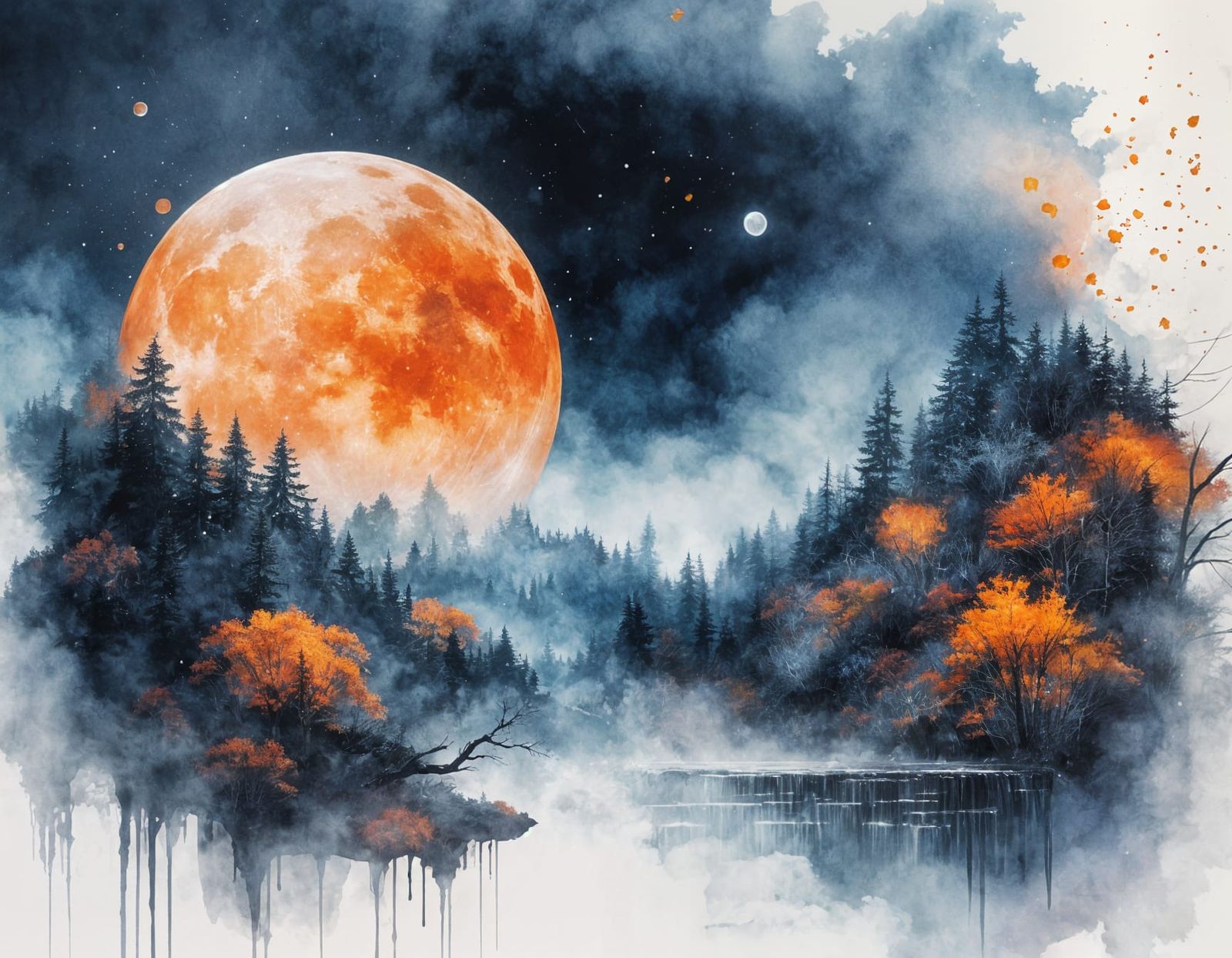 Orange Moon Over Lush Landscape in Watercolor Style