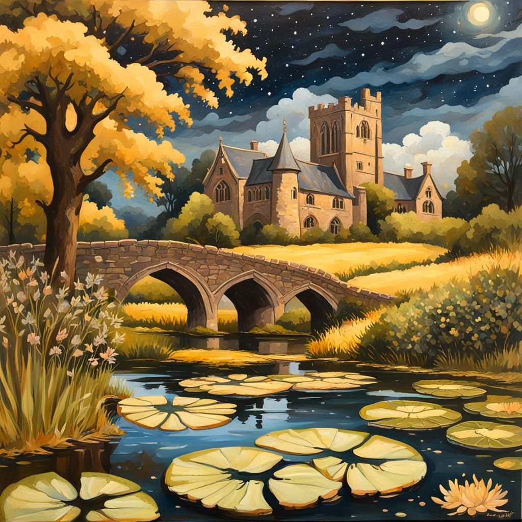 Gothic Cottagecore Farm Under Starry Night, Impasto Painting