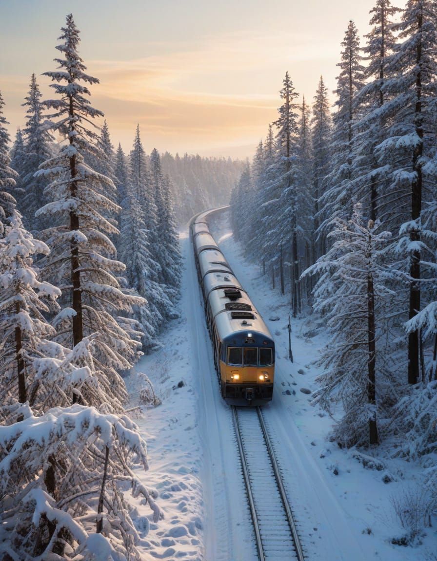 Train Plows Through Snowy Coniferous Forest in Dazzling Wate...