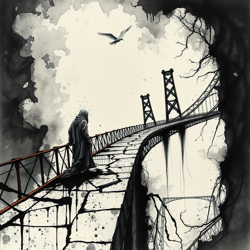 Ethereal Figure on Decaying Bridge