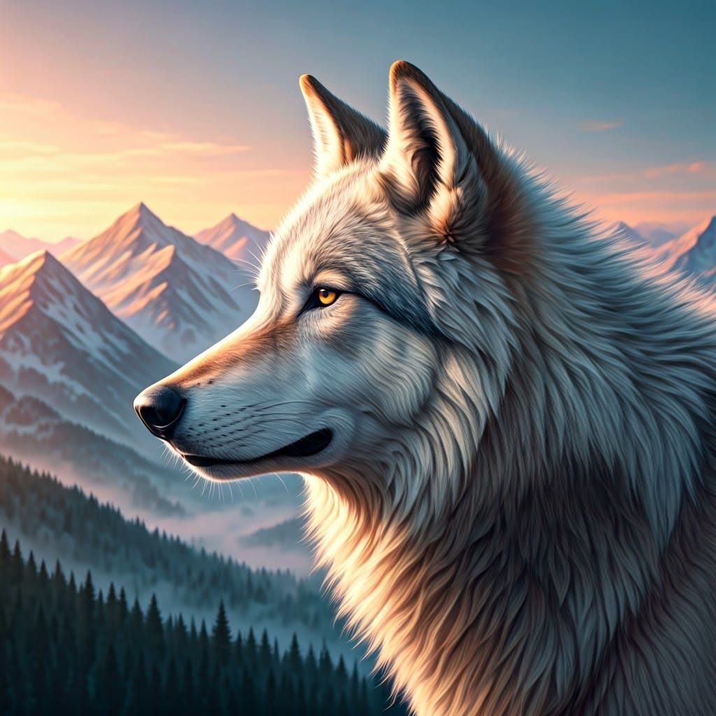 Majestic Wolf Profile in Soft Pastel Mountain Landscape