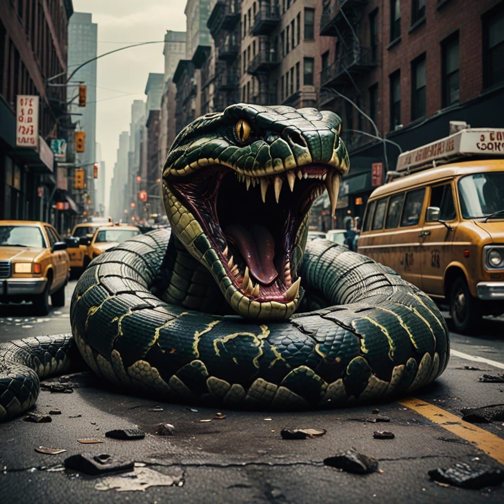 Giant Snake Devours Cars in Dark Manhattan Streets