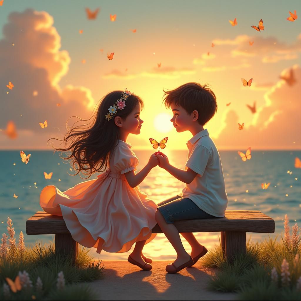 Romantic Seaside Scene with Boy, Girl, and Butterflies