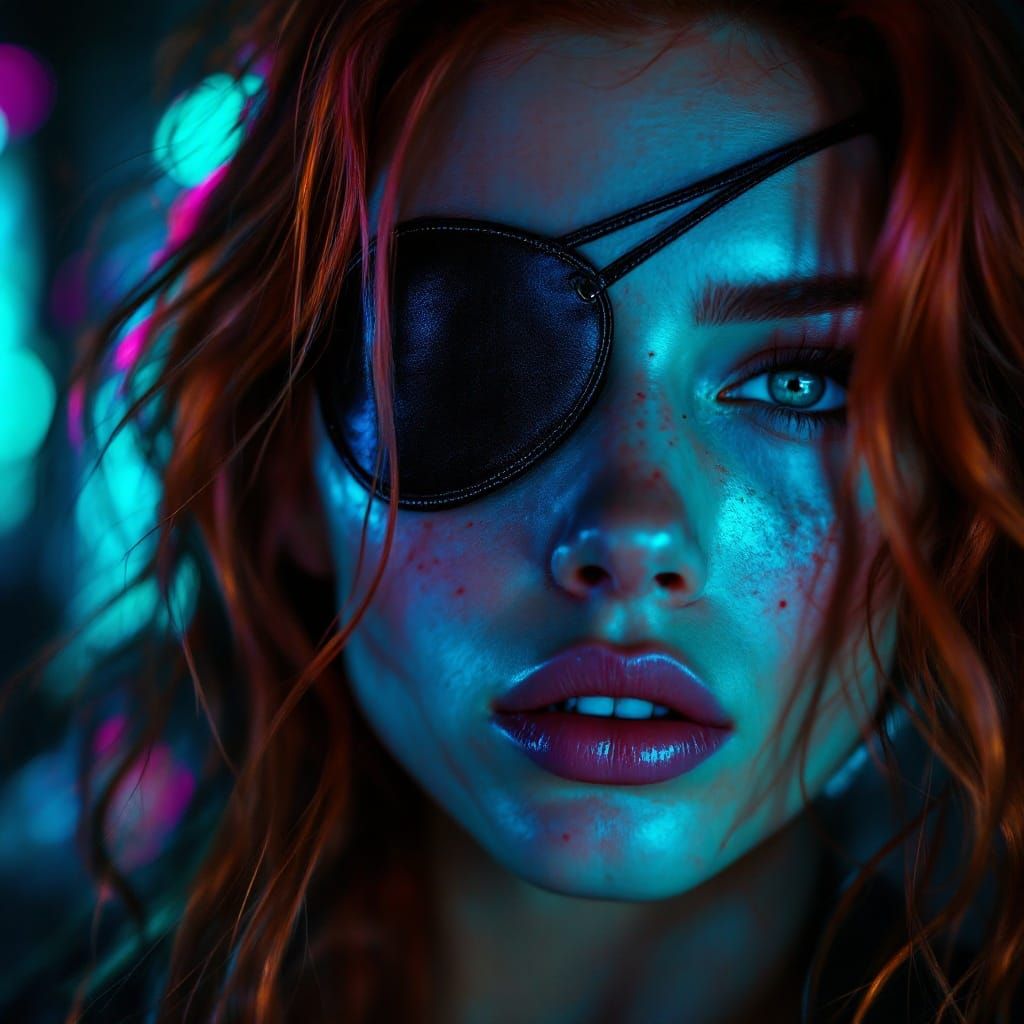 Confident Redhead with Edgy Eyepatch in Vibrant Lighting