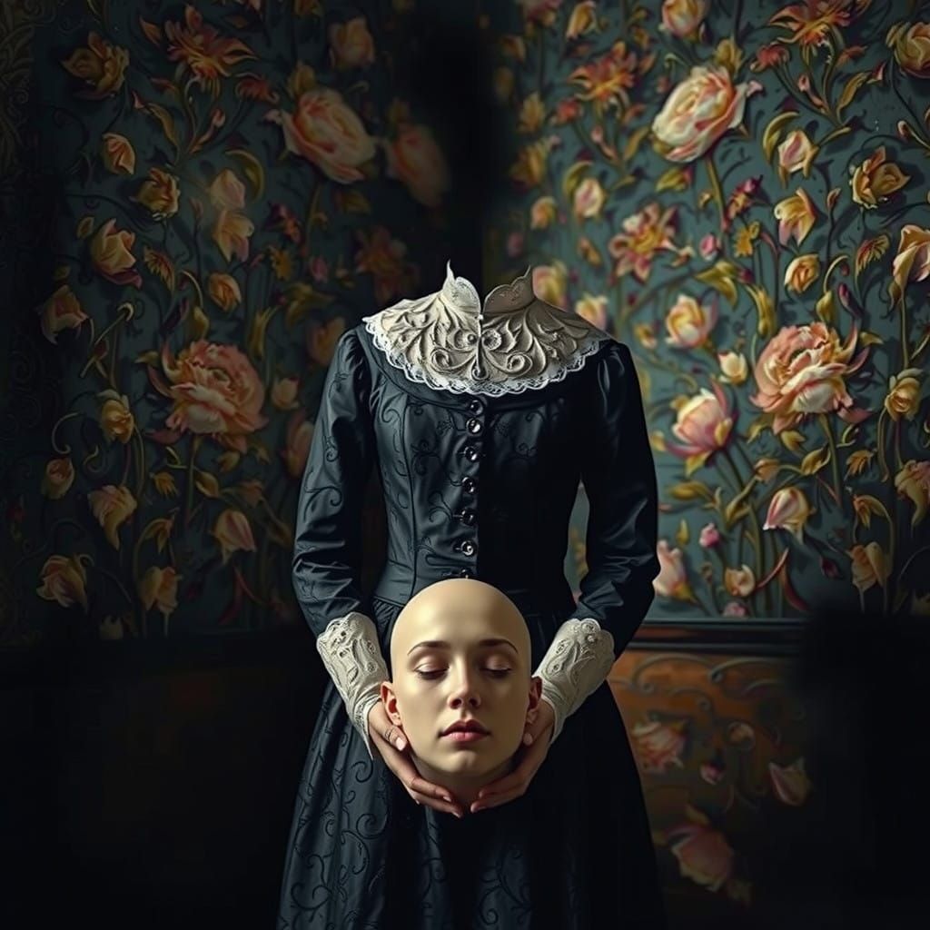 Young Woman in Distress Among Whimsical Blooms, in Surrealis...