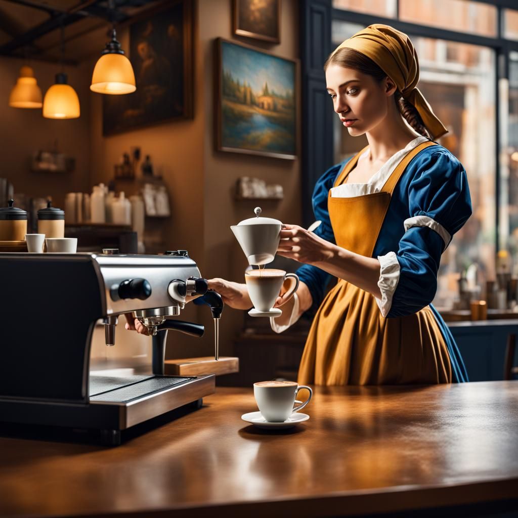 Hyperrealistic Milkmaid Latte Art in Cafe