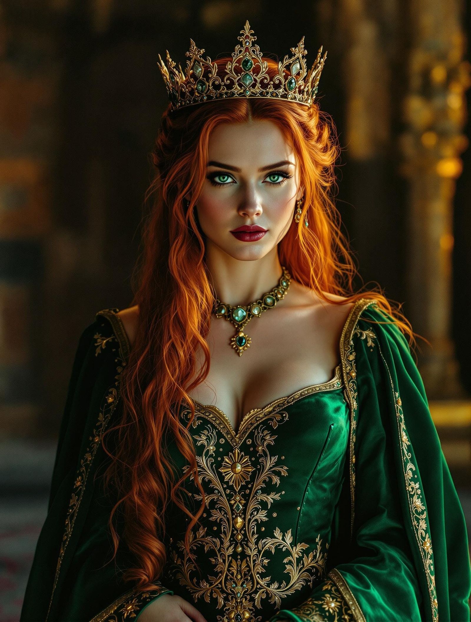 Medieval Queen in Emerald Gown, Cinematic Lighting