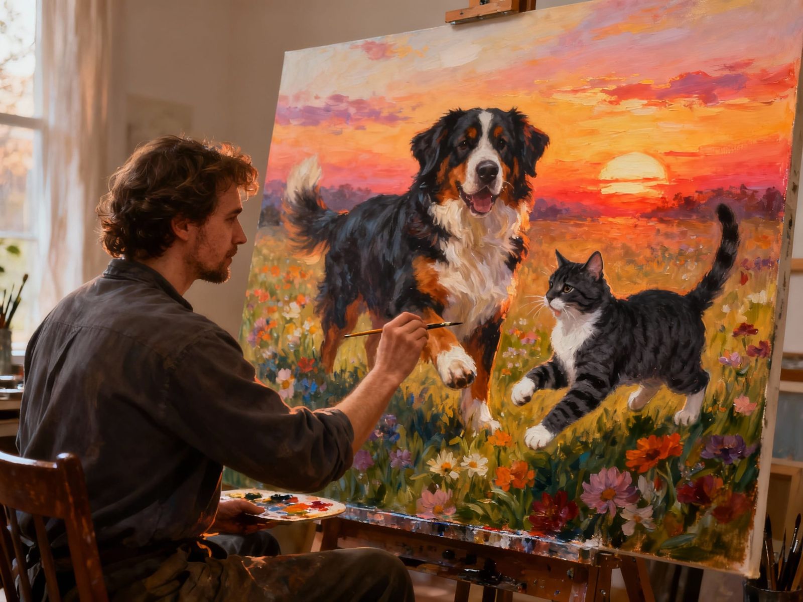 Artist Paints Bernese Mountain Dog and Cat in Flower Field