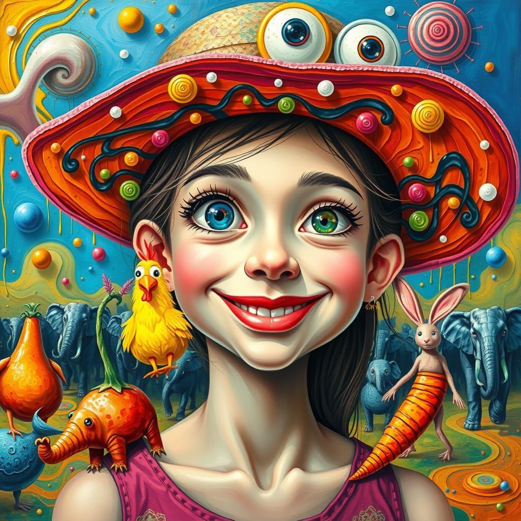 a bizarre pop surrealism piece featuring the girl with an ov...