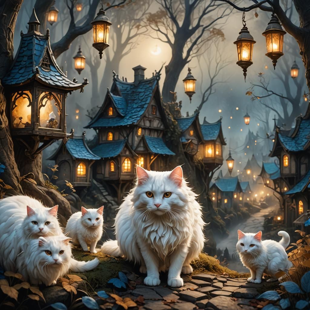 White Cat Stalks Mouse Village in Fantasy Art