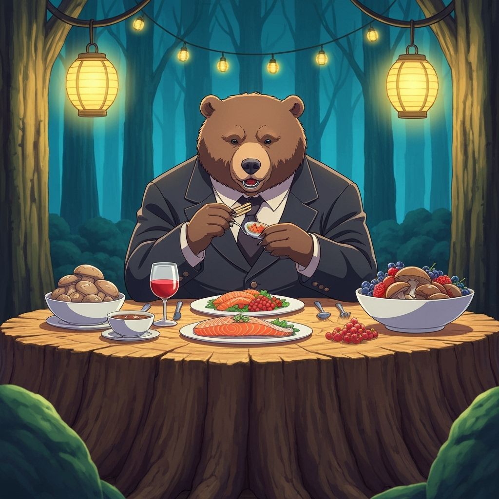 Refined Bear Enjoys Gourmet Meal in Anime Style