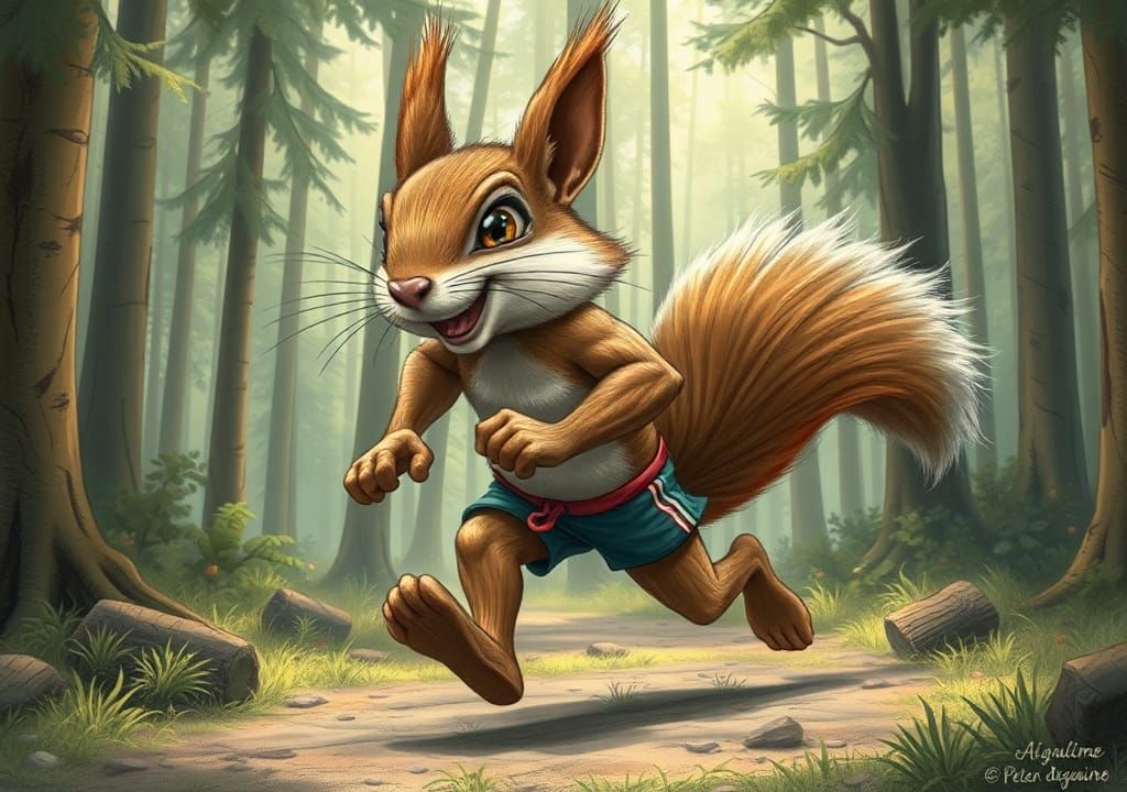 Humorous Giant Squirrel Running Through Forest