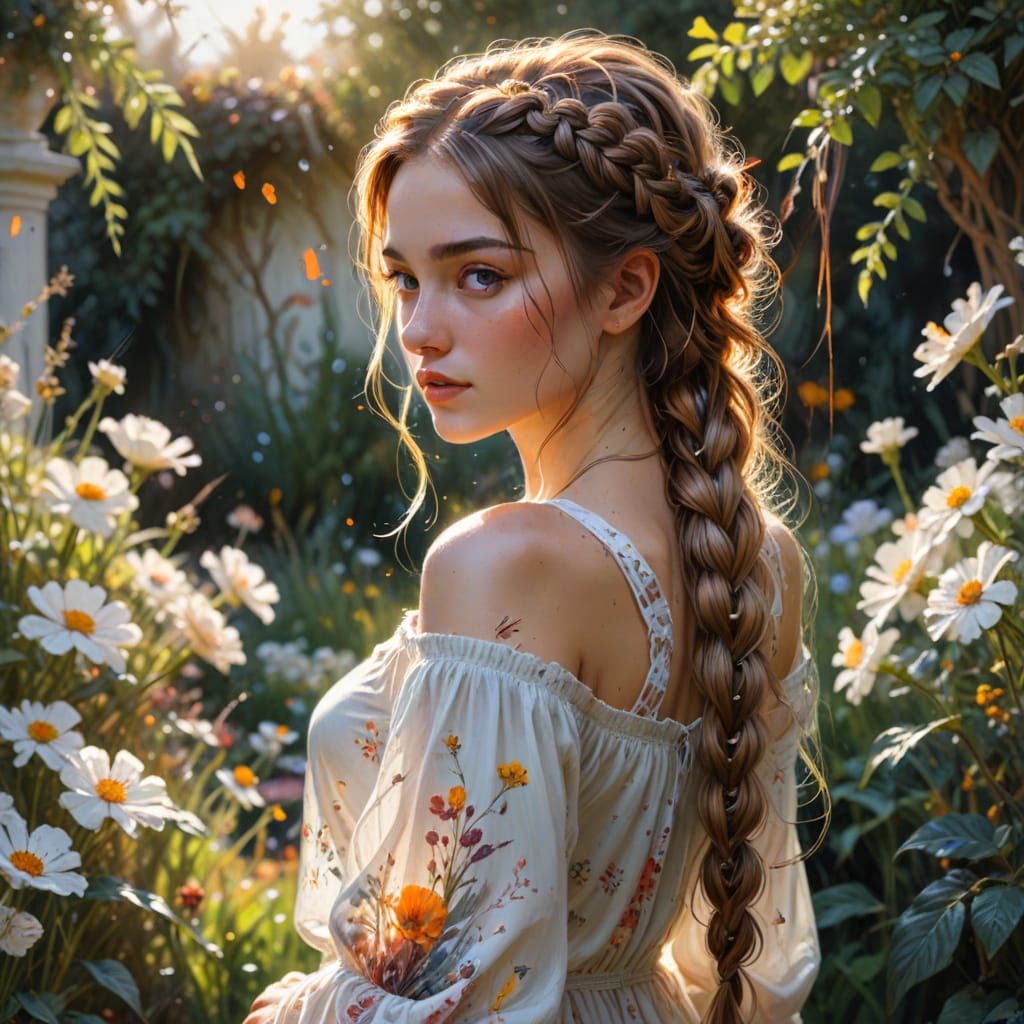 Concept Art: Woman in Sunlit Garden, Watercolour Style