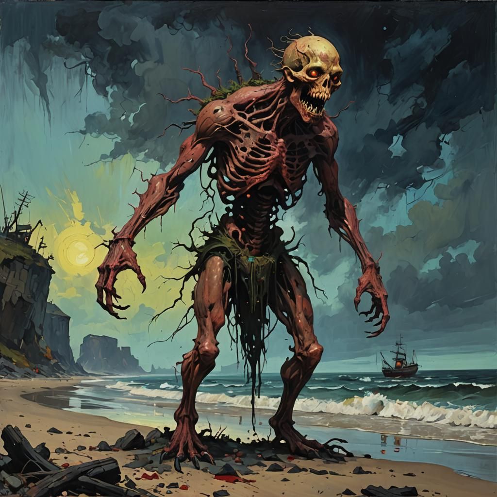 Skinless Nuckelavee on Dark Seashore in Fauvist Impasto