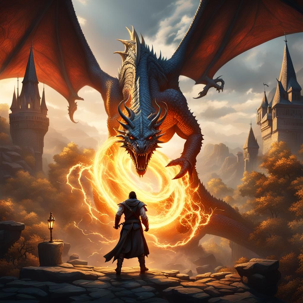 Dragon Fight with Solar Magic in Dark Fantasy Art