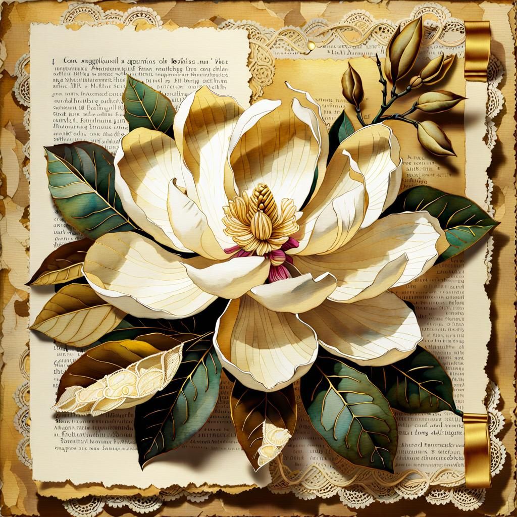 Vintage Watercolor Magnolia on Distressed Paper