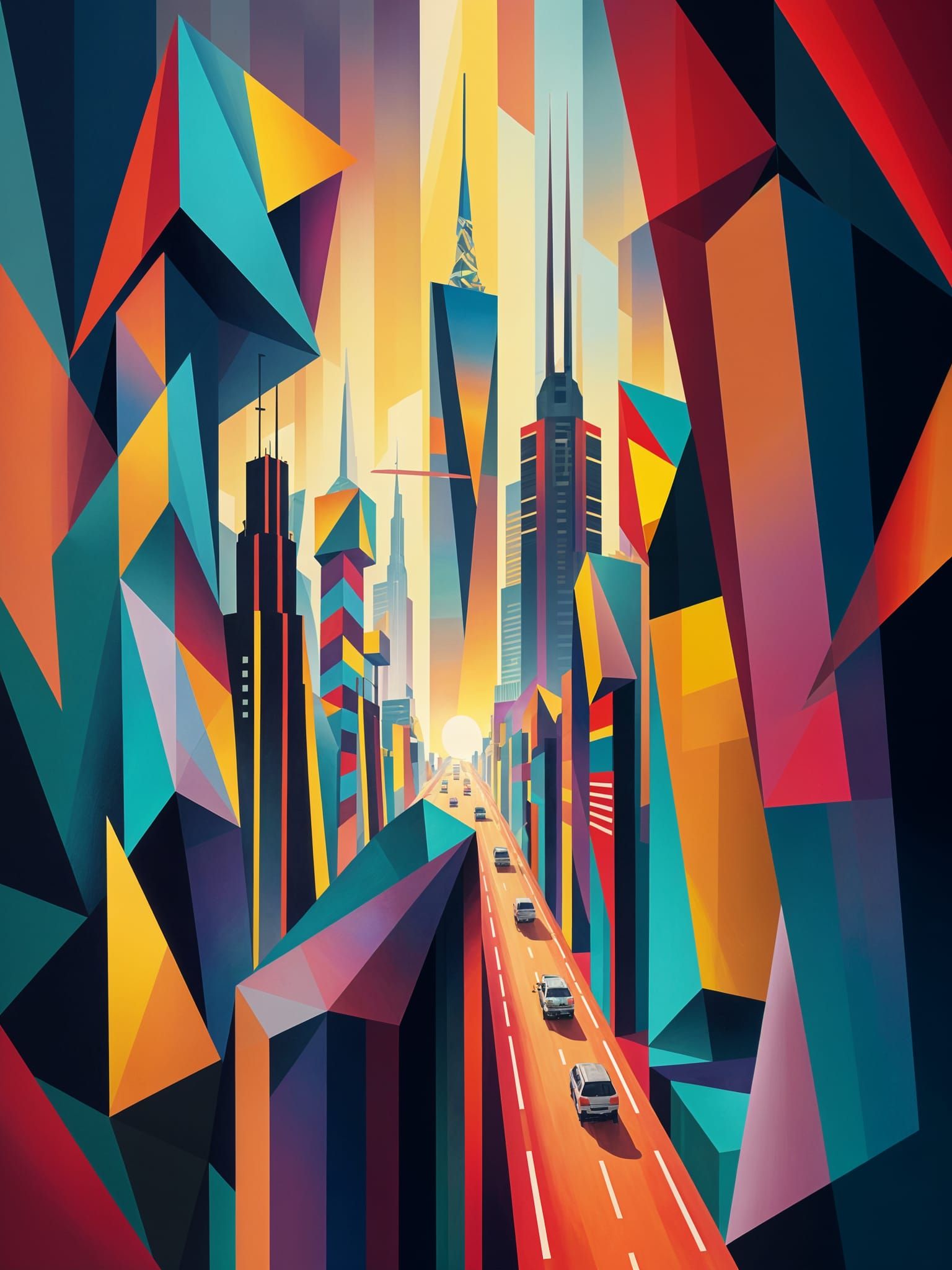 Abstract Geometric Art Deco Painting in Cubist Style