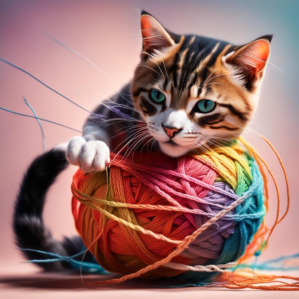 Hyperrealistic Cats Play with String Ball