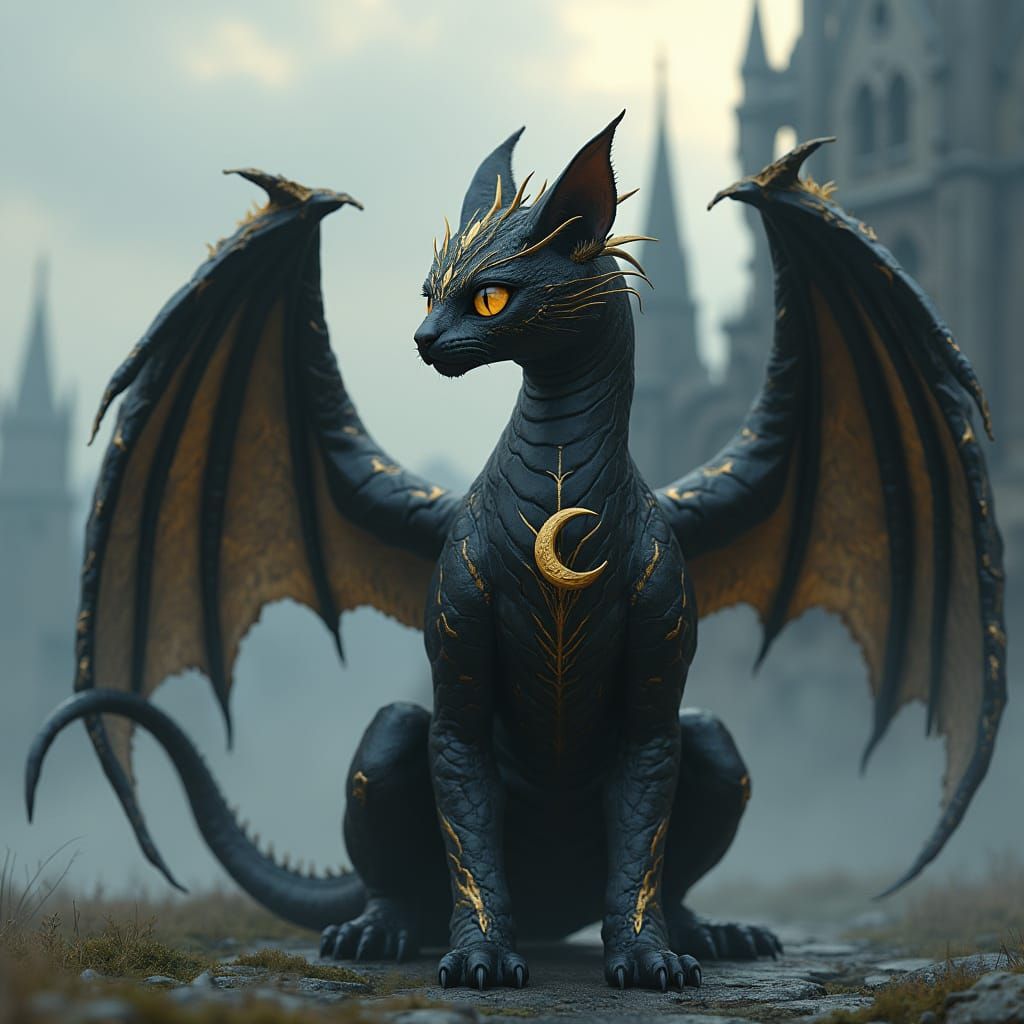 Dragon Cat Hybrid with Gothic Castle, Anime Style
