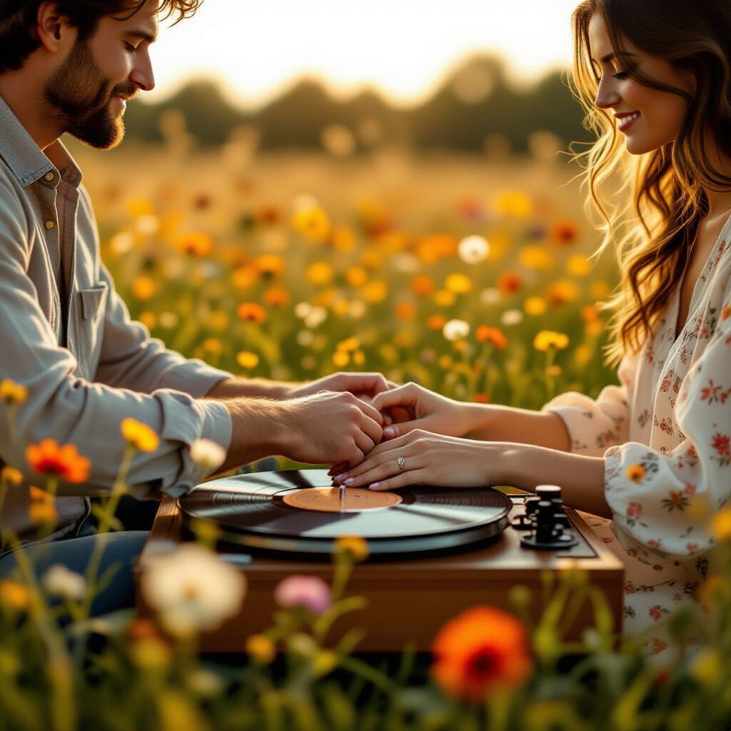 Couple's Intimate Moment in Wildflower Field