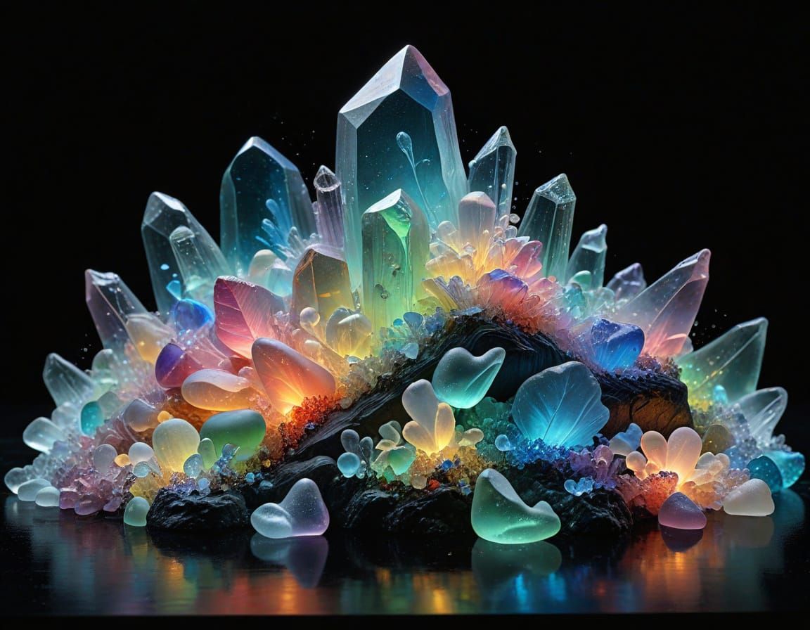 Ethereal Sea Glass Sculpture with Pastel Neon Rainbow Glow