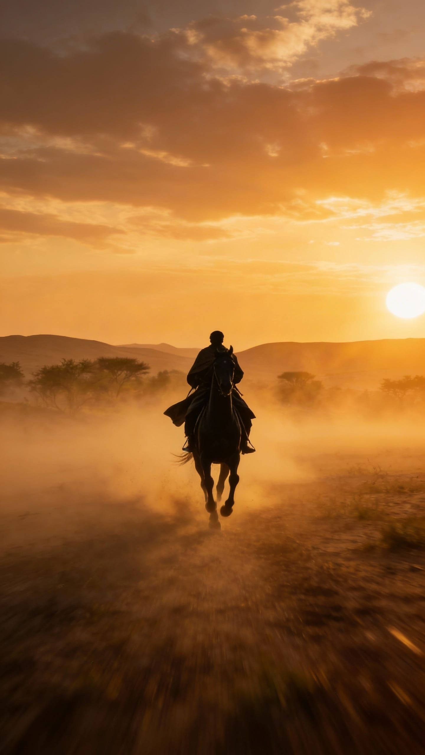 Lone Rider on Black Horse in Foggy Sunrise