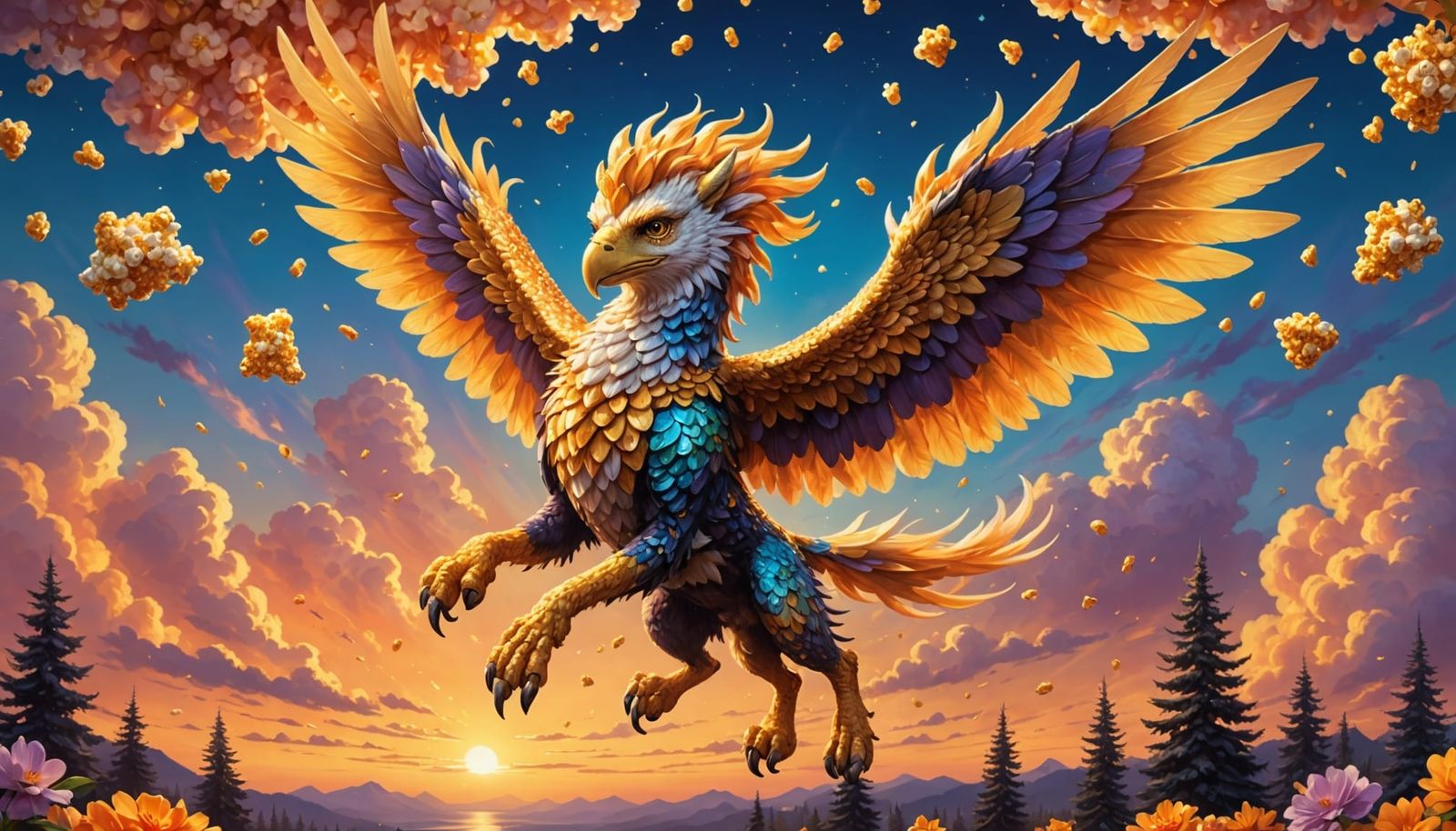 Majestic Popcorn Griffin Soaring in Twilight Sky