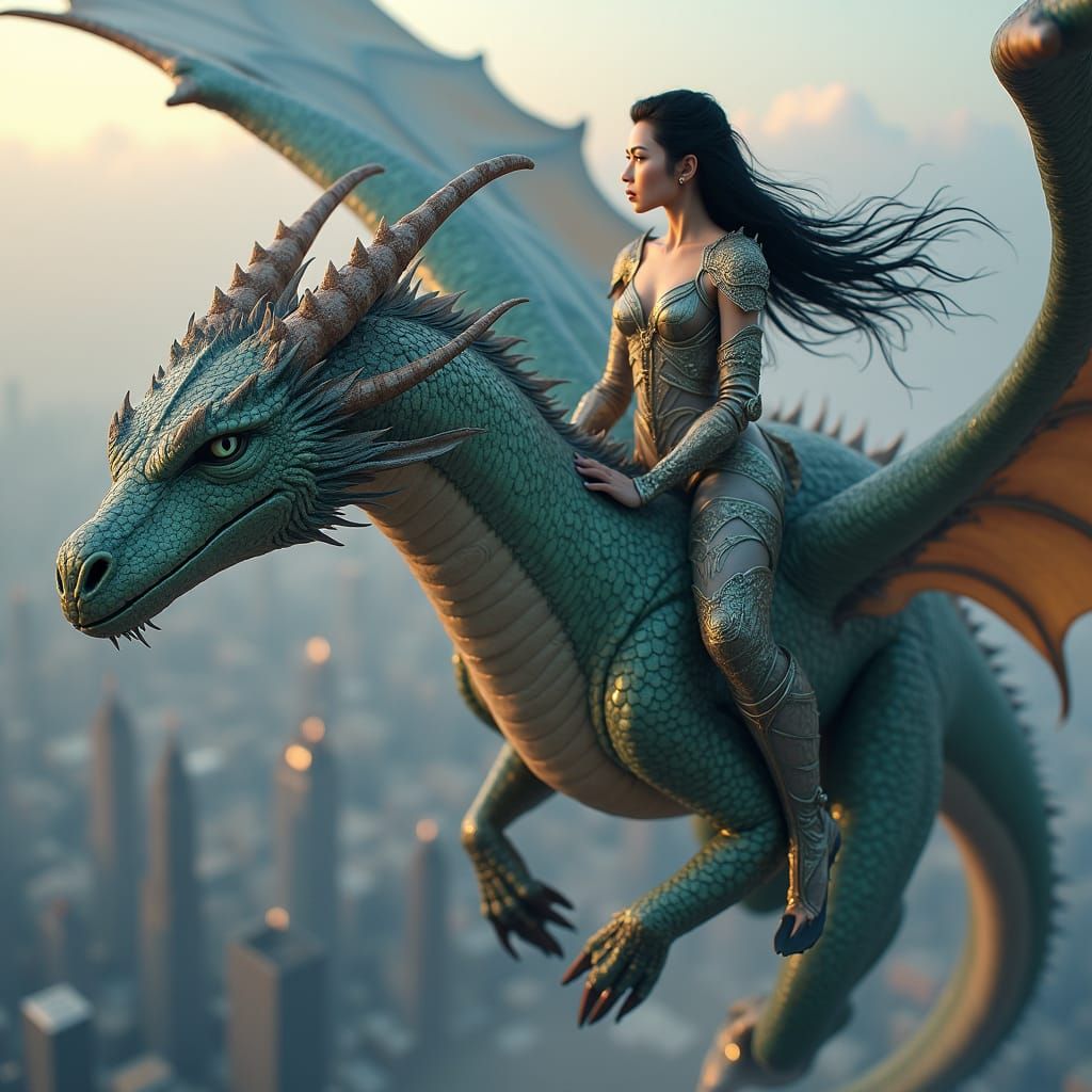 Elf on Dragon Soaring Over Metropolis