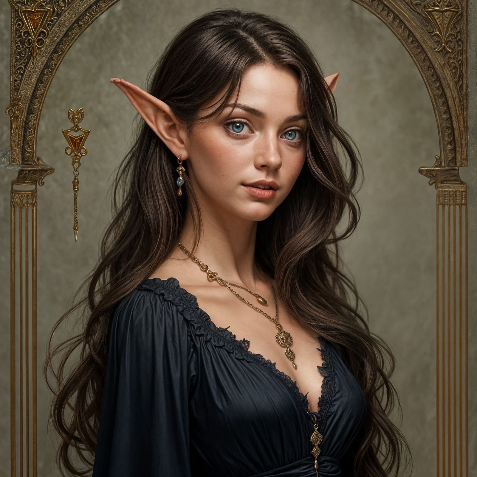 A 25 year old female elf with brown hair and blue eyes who n...