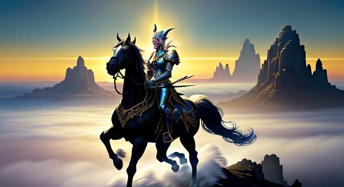 Fantasy Woman on Horse in a Mythical Landscape