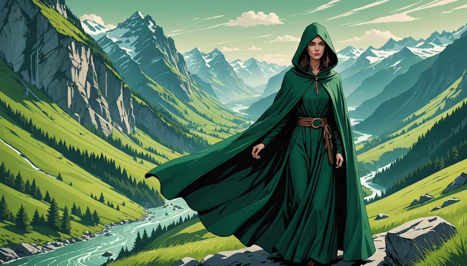 Mysterious Woman in Misty Swiss Alps Valley