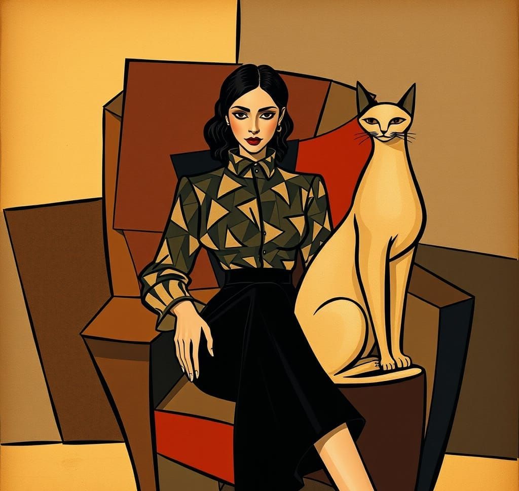 Woman and Cat Cubist Artwork