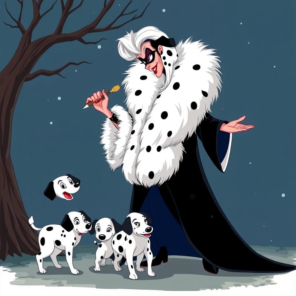 Cruella De Vil Cartoon Illustration in Disney Style
