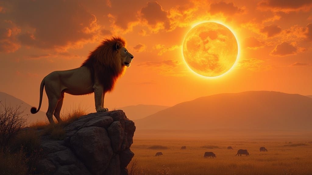 A majestic lion with a flowing mane of fire stands proudly atop a rugged cliff, overlooking a vast, sun-drenched savanna...