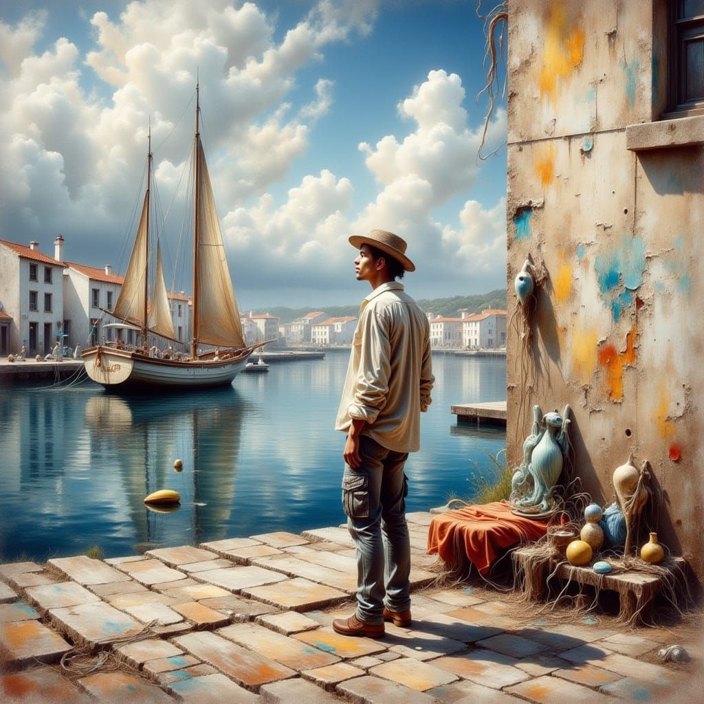Fisherman's Song on Alentejo Dock as Watercolor Art