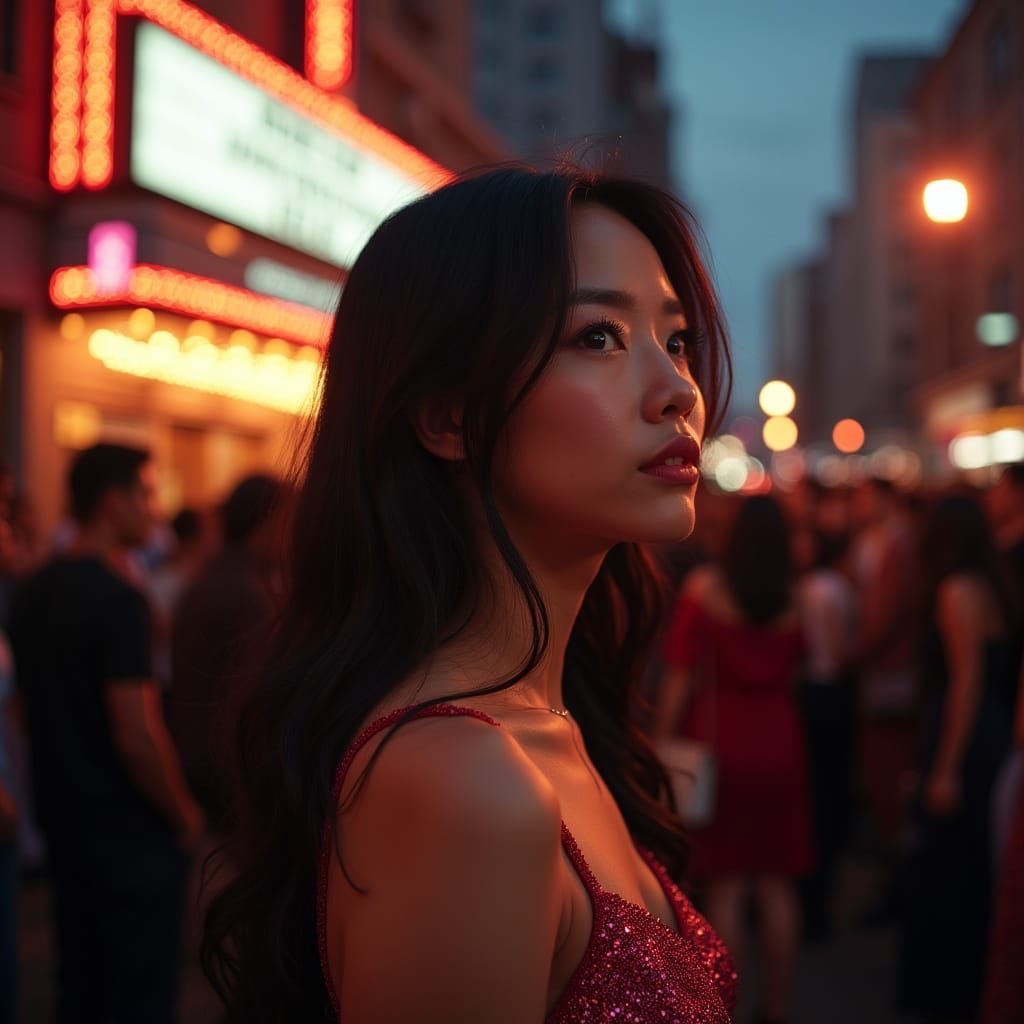 Asian Woman in Evening Gown at Theatre, Photorealistic Style